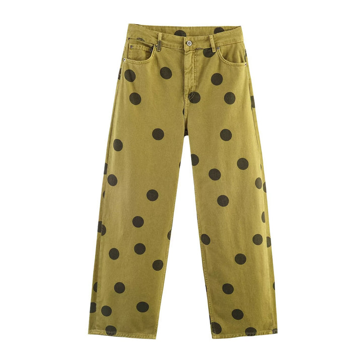 Damen Locker geschnittene High-Waist Geradehose mit großen Polka-Dots Drune