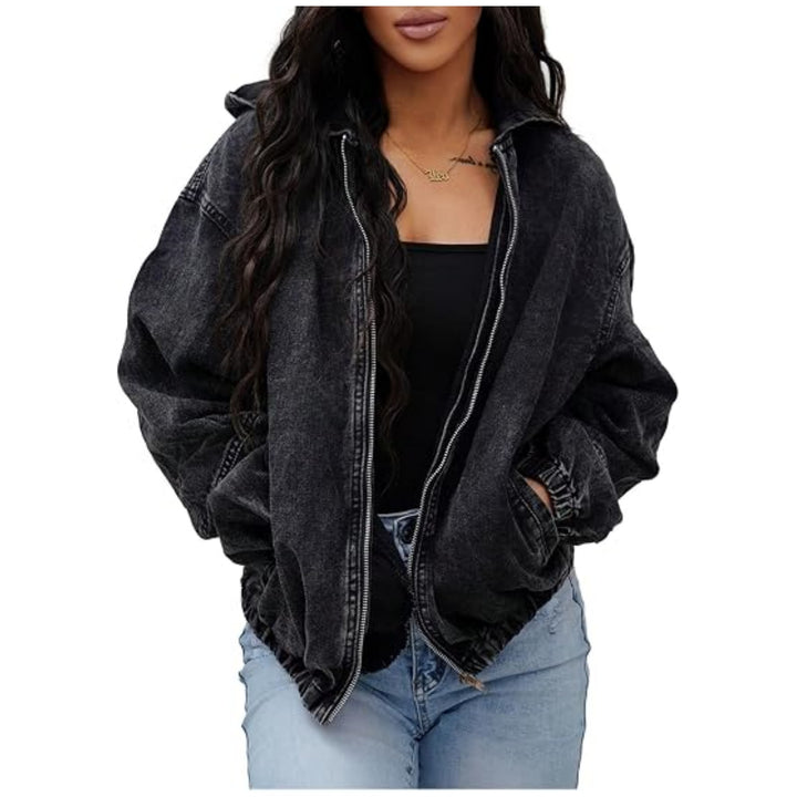 Damen Oversize-Jeansjacke mit Kapuze, Reißverschluss und Vintage-Waschung Drune