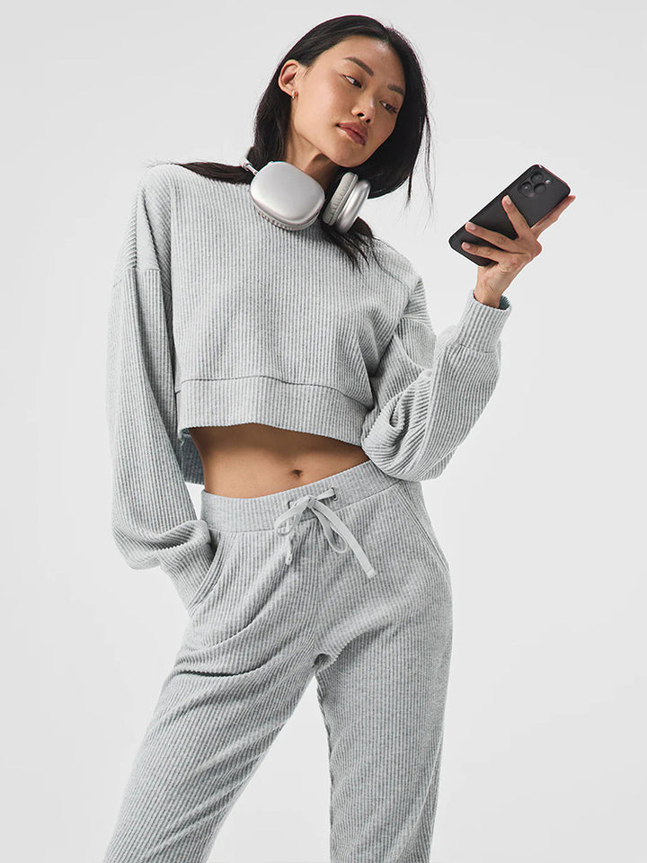 Damen Gerippte High‑Waist Loungehose mit Kordelzug und Bündchen Drune