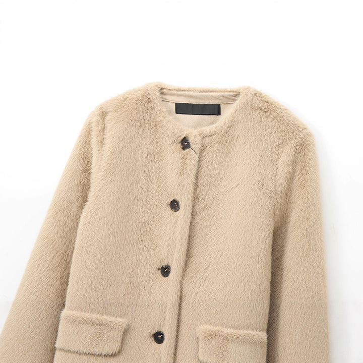Damen nan kurz geschnittene Teddyjacke mit Rundhalsausschnitt Knopfleiste und aufgesetzten Taschen Drune