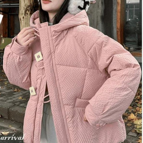 Damen Puffy Winterjacke mit Kapuze und dekorativen Knöpfen Drune