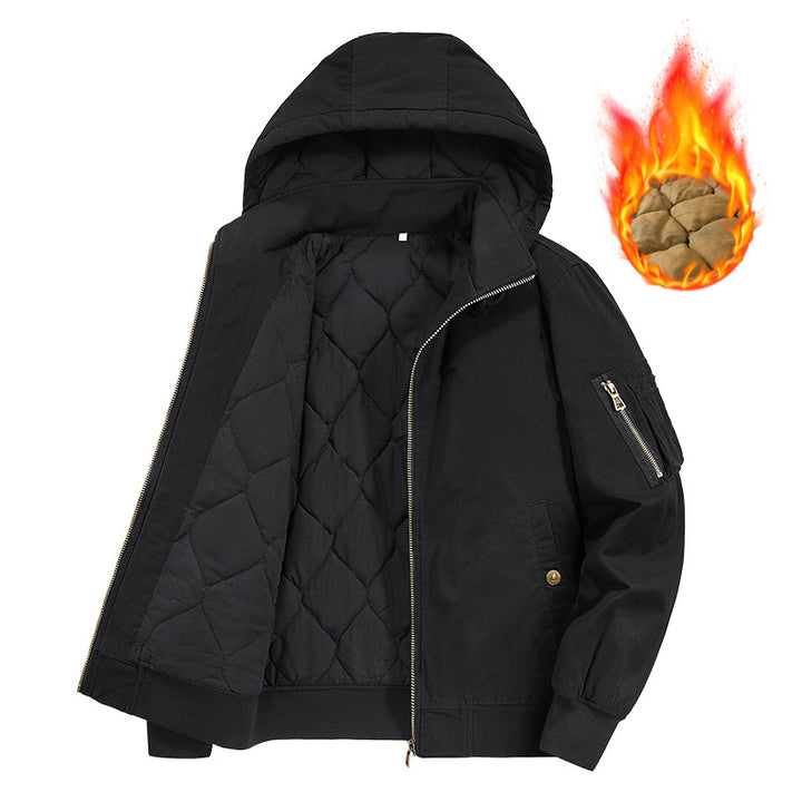 Herren Isolierte Kapuzen‑Bomberjacke mit gesteppter Thermofütterung und Ärmel‑Utilitytasche Drune