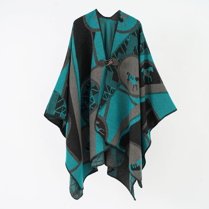 Damen Wollmix-Jacquard-Ruana mit Pferdemotiv, Knebelverschluss und offener Kimono-Silhouette Drune