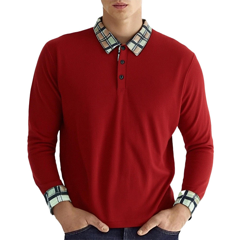 Herren nan figurbetontes Langarm-Poloshirt mit karierter Kragen- und Manschettenbesatz Drune