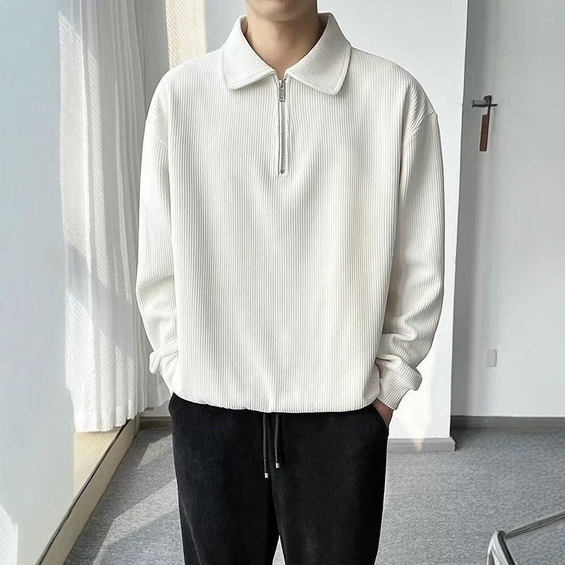 Herren Gerippter Pullover mit Halbreißverschluss und Polokragen Drune