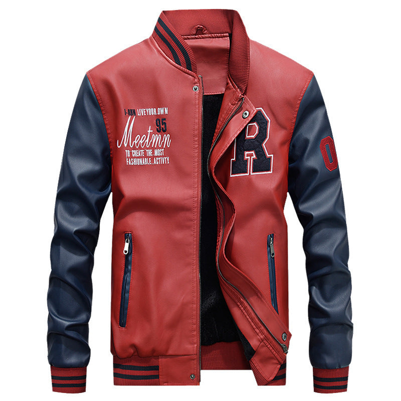 Herren nan Varsity-Lederjacke im College‑Stil mit gesticktem Logopatch, kontrastärmel‑Design und gerippten Bündchen Drune