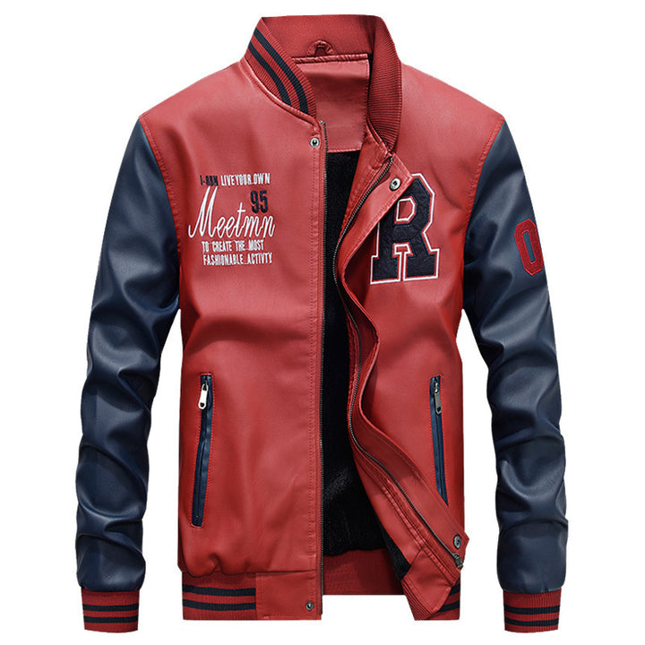 Herren nan Varsity-Lederjacke im College‑Stil mit gesticktem Logopatch, kontrastärmel‑Design und gerippten Bündchen Drune