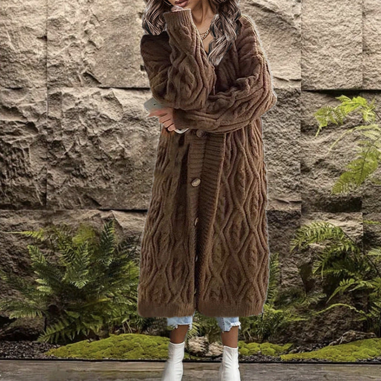 Damen Großer Strickmantel mit geometrischem Zopfdesign und praktischen Knöpfen Drune