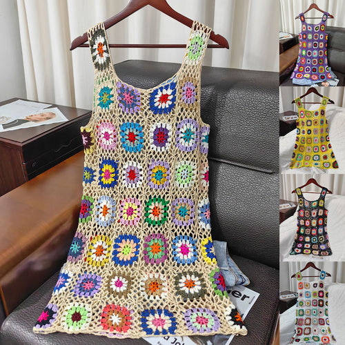 Damen luftiges Häkelkleid mit buntem Granny-Quadrat-Muster Drune