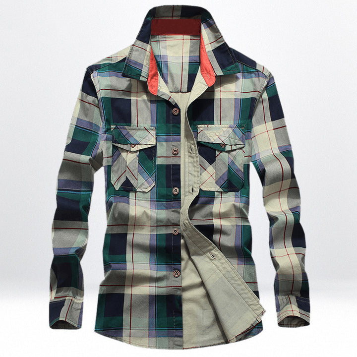 Herren Kariertes Baumwoll-Workshirt mit Brustpattentaschen und kontrastiertem Innenkragen Drune