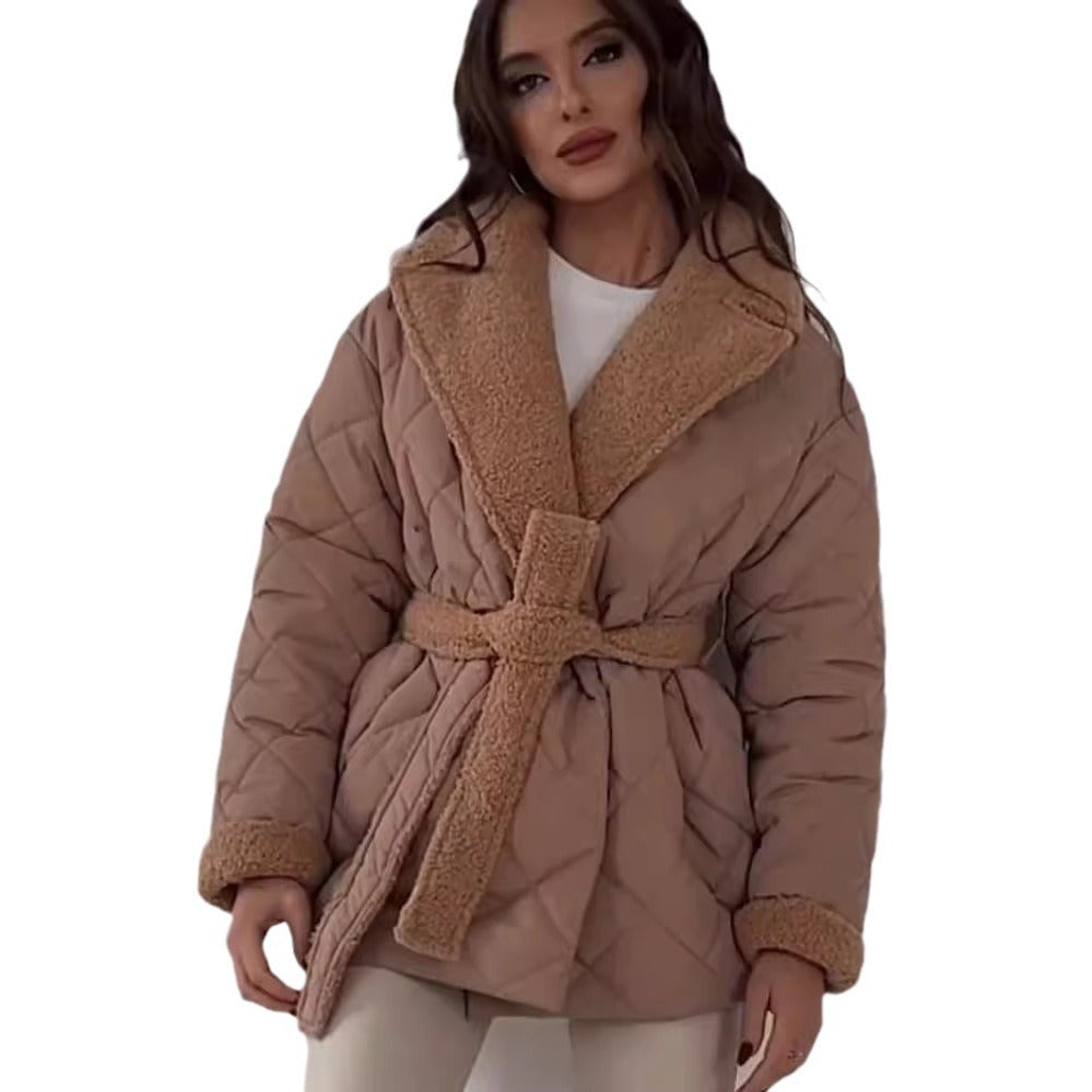 Damen Steppjacke mit Teddy-Futter Taillengürtel und großem Schalkragen Drune