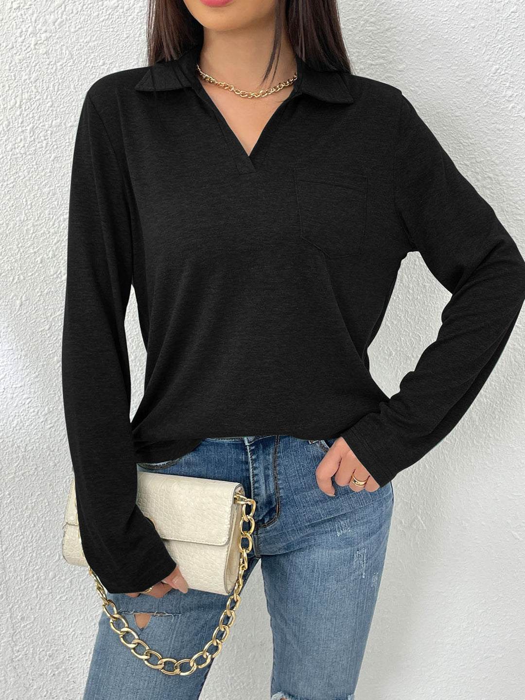 Damen Langarmbluse mit modernem Kragen und Brusttasche Drune