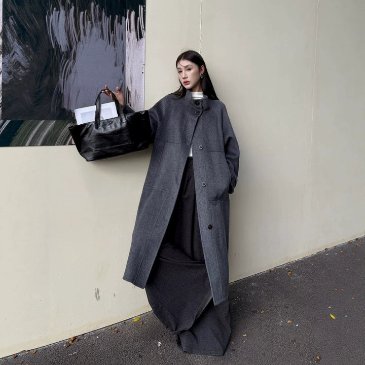 Damen Oversize Wollmantel mit Stehkragen und großen Pattentaschen Drune