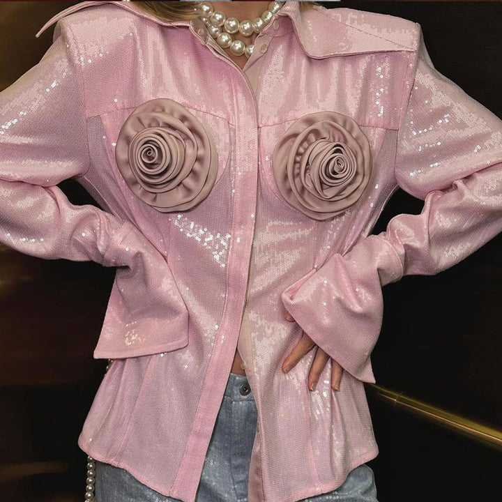 Damen Glamouröse Bluse mit 3D-Rosenapplikationen und Glitzer Drune