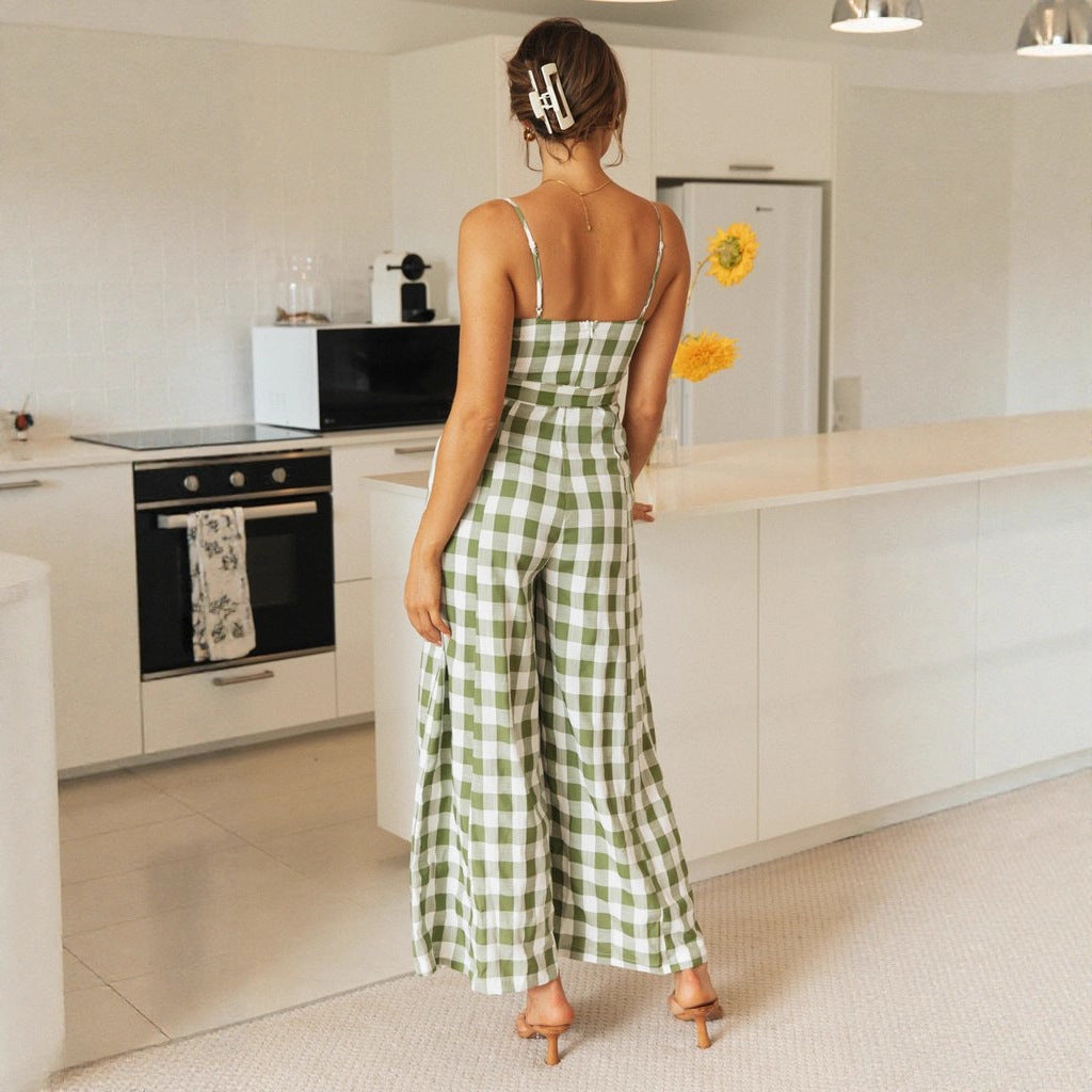 Damen Jumpsuit mit Gingham-Muster und Taillengürtel Drune