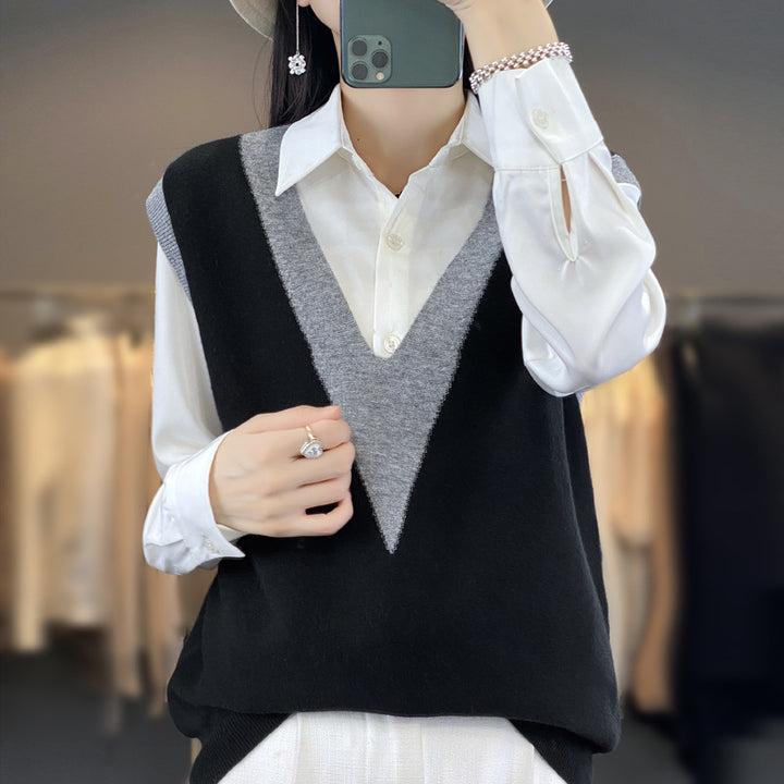 Damen Strukturiertes Feinstrick-Longvest mit tiefem V-Ausschnitt und kontrastierendem V-Paneel Drune