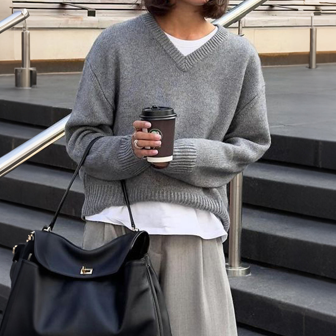 Damen nan oversized V-Ausschnitt Feinstrickpullover mit überschnittener Schulter, langen Kimonärmeln und breitem Rippbund Drune