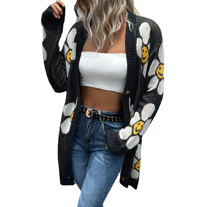 Damen Langer Blumenjacquard-Strickcardigan mit Oversize-Ärmeln und Rippbund Drune