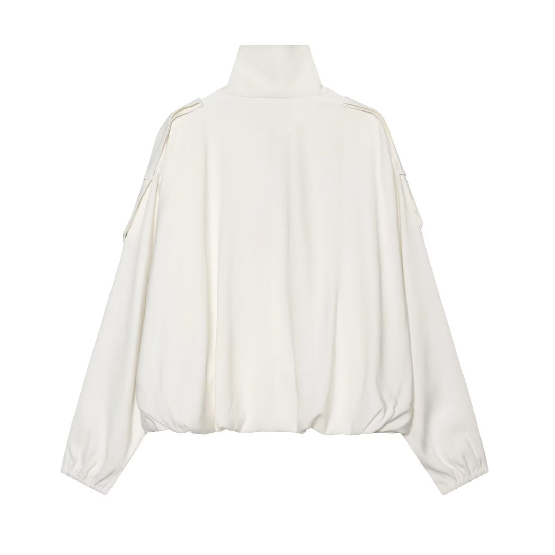 Damen Cropped-Boxy-Canvasjacke mit Funnelkragen, Druckknopfverschluss und Schulterpatten Drune