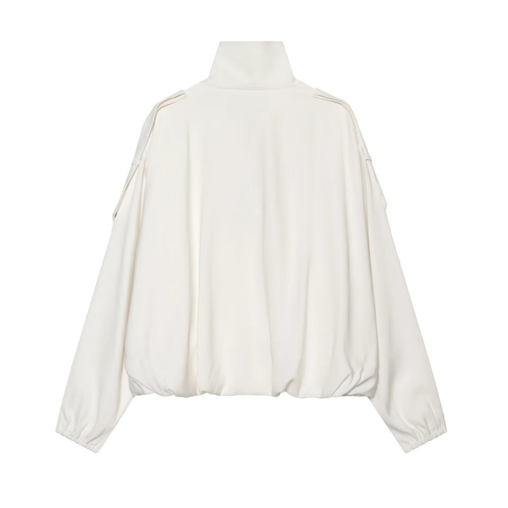 Damen Cropped-Boxy-Canvasjacke mit Funnelkragen, Druckknopfverschluss und Schulterpatten Drune