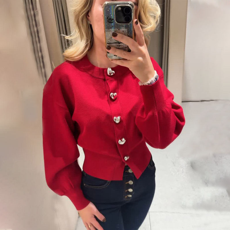 Damen Pullover mit Herzknöpfen und Puffärmeln Drune