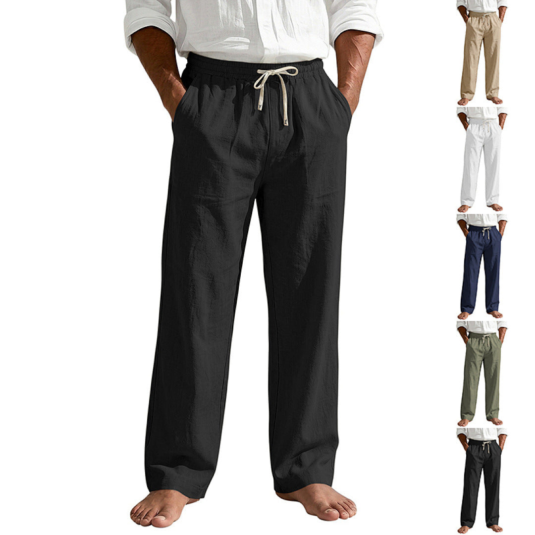 Herren Leinenoptik Relaxhose mit elastischem Bund, Tunnelzug und Seitentaschen Drune