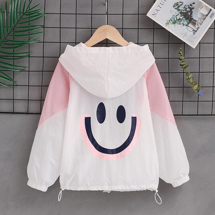 Damen nan leichte Kapuzenjacke mit Smiley-Print, verstellbarem Saum und elastischen Bündchen  Drune