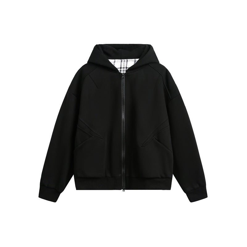 Unisex Kapuzen‑Sweatjacke mit Zweiwege‑Reißverschluss und kariertem Kapuzenfutter Drune