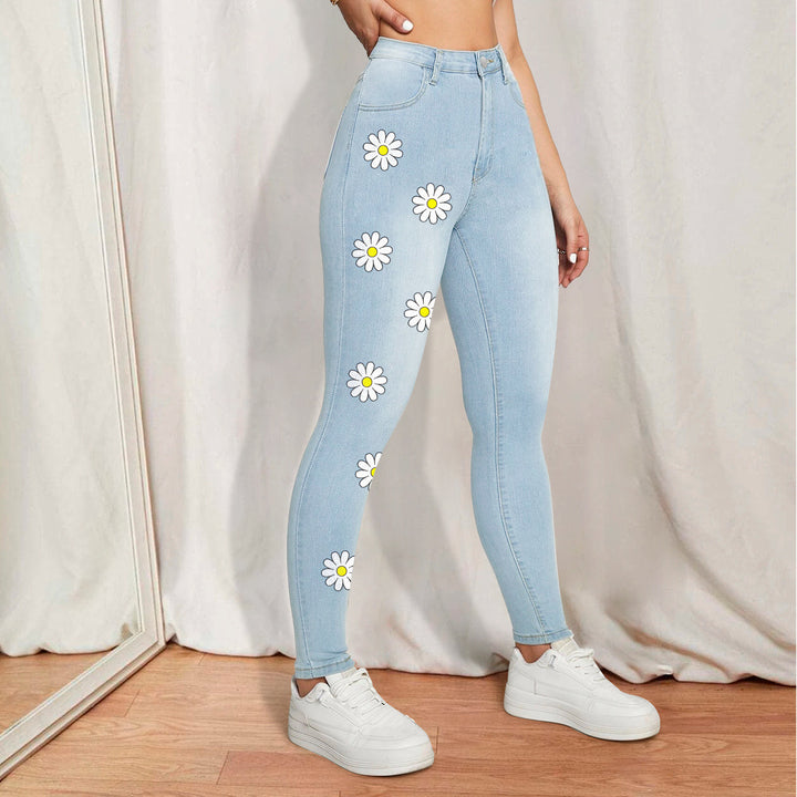 Damen High-Waist Skinny-Jeans mit aufgedruckten Margeriten und figurformendem Stretch Drune