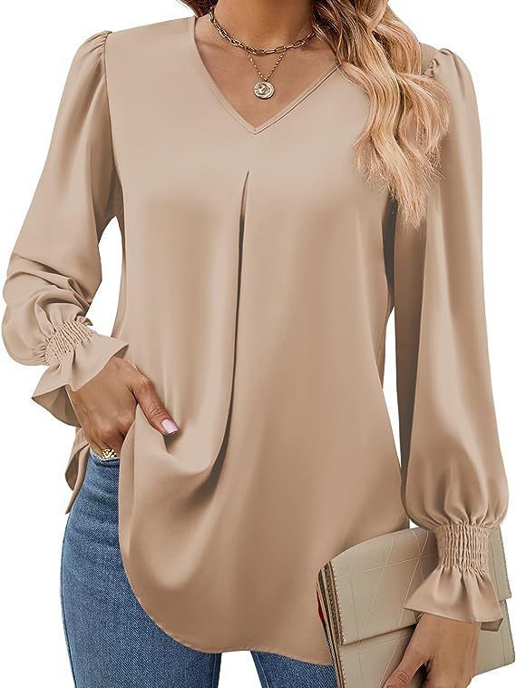 Damen elegante Bluse mit V-Ausschnitt und voluminösen Ärmeln Drune