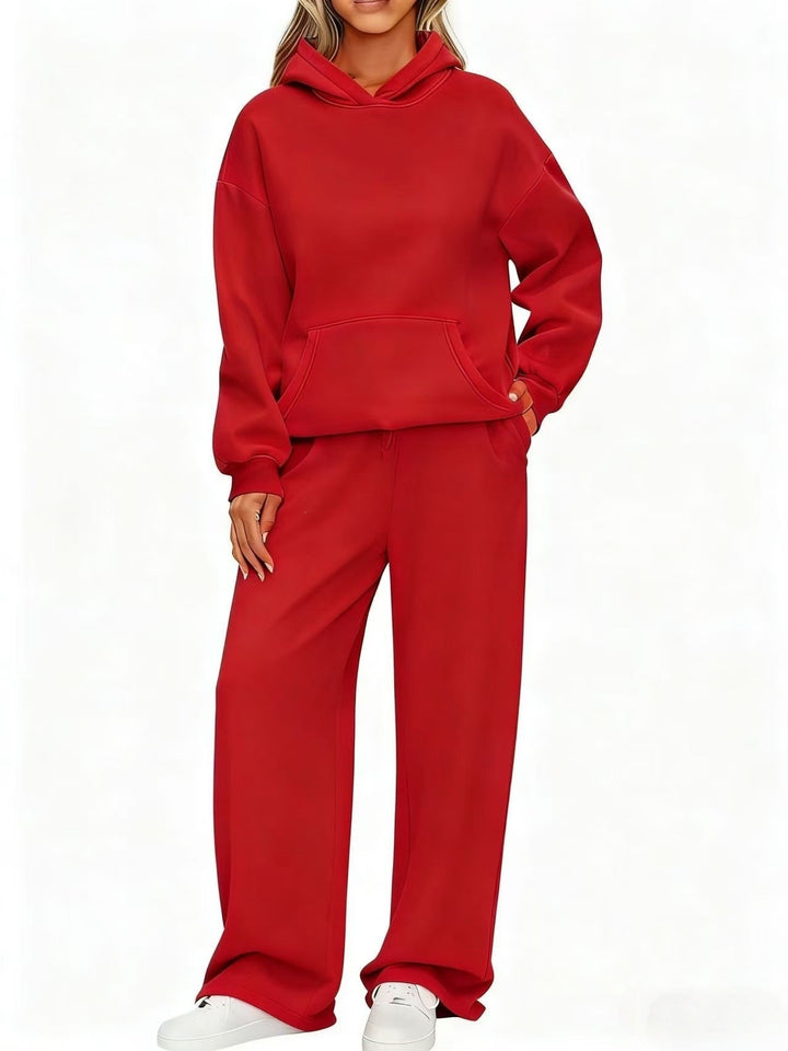 Damen nan Cozy-Loungewear-Set mit oversized Kapuzenpullover, Kängurutasche und weiten Palazzo-Jogginghose Drune