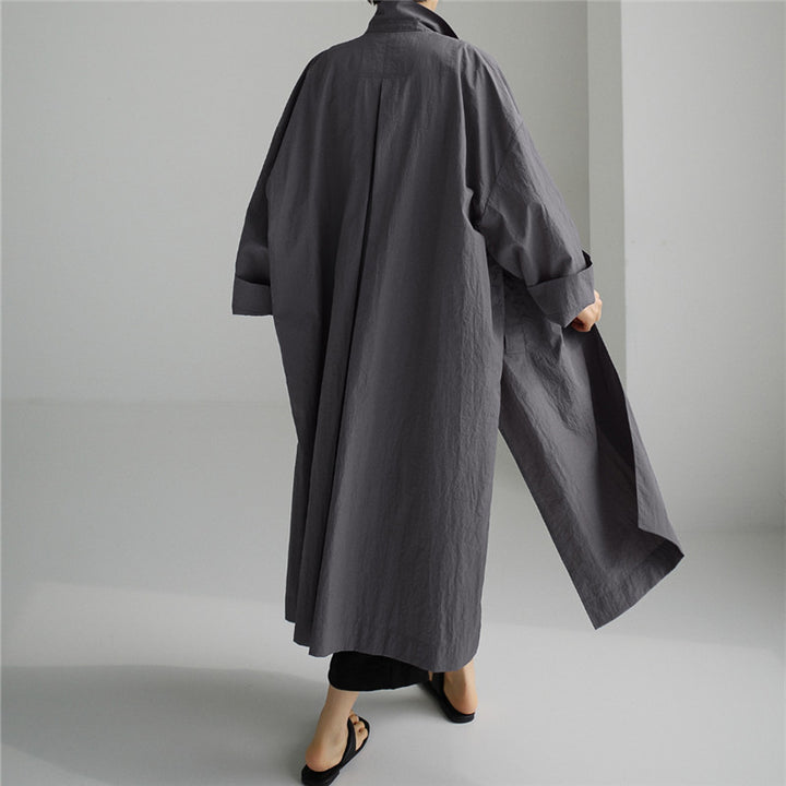 Damen Leichter Long-Duster im Crinkle-Look mit Stehkragen, tiefen Seitenschlitzen und Eingrifftaschen Drune