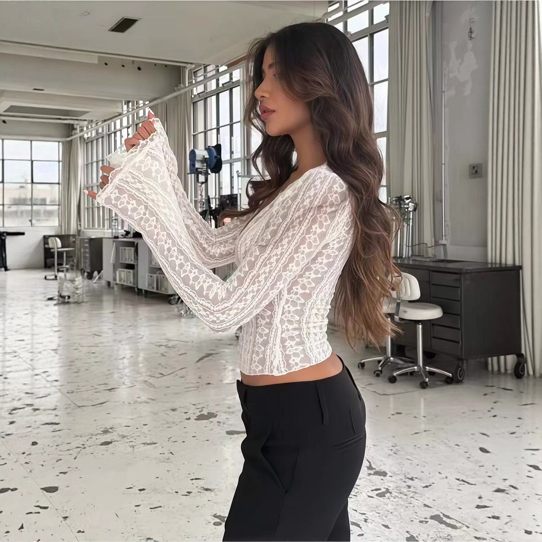Damen Spitzenbluse mit transparentem Design und langen Ärmeln Drune