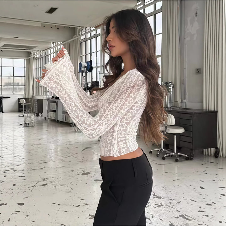 Damen Spitzenbluse mit transparentem Design und langen Ärmeln Drune