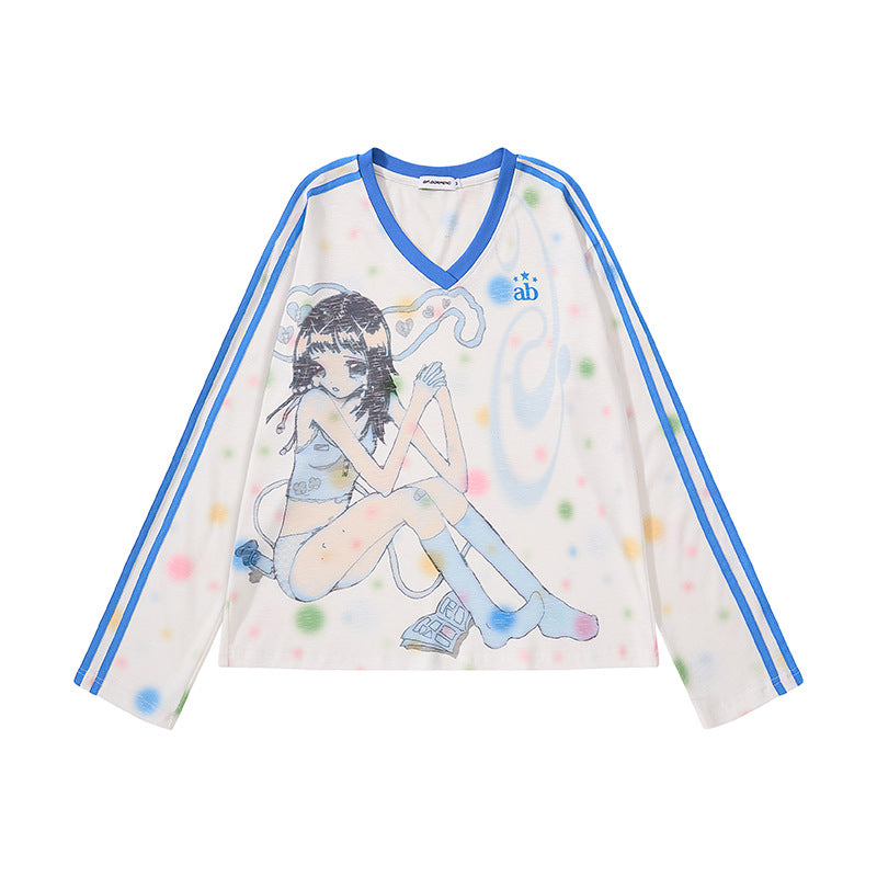 Damen Cropped Mesh-Longsleeve mit V-Ausschnitt, Anime-Print und Kontraststreifen Drune