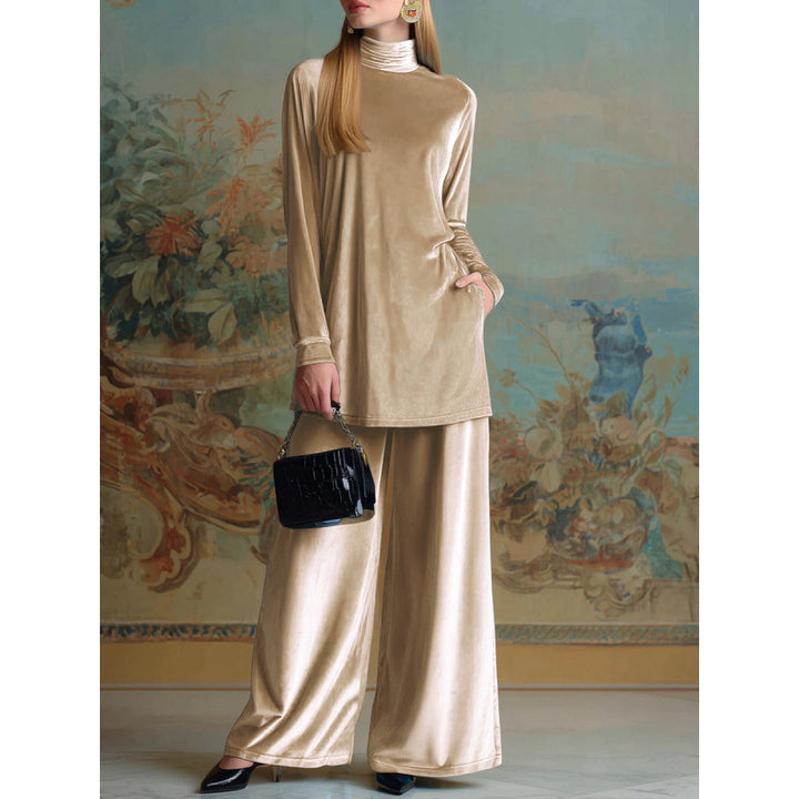 Damen Oversize-Samt-Set mit Rollkragen und weitem Palazzohose Drune