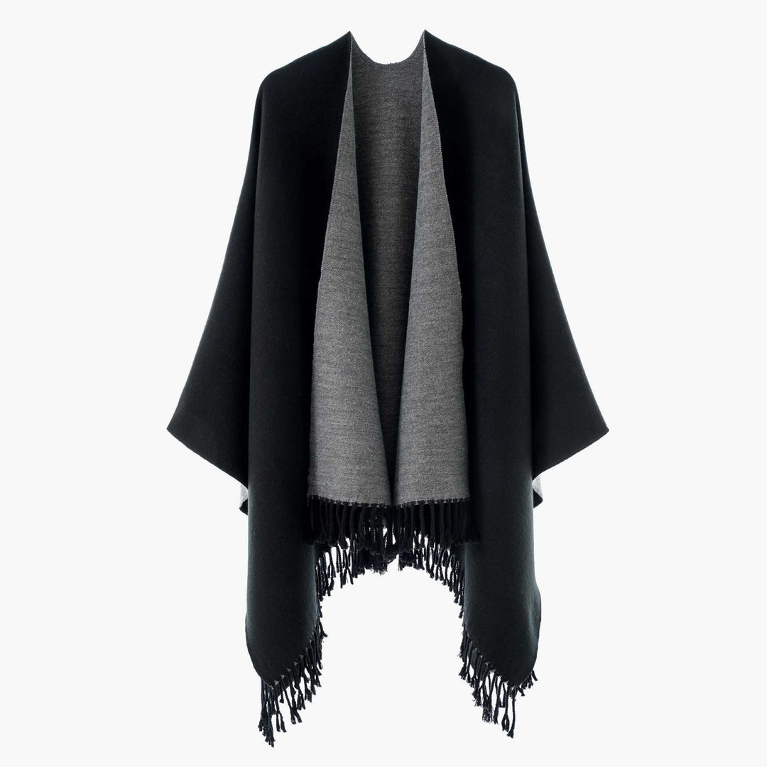 Damen Edler Umlegeponcho mit Reversoptik und Fransenabschluss Drune