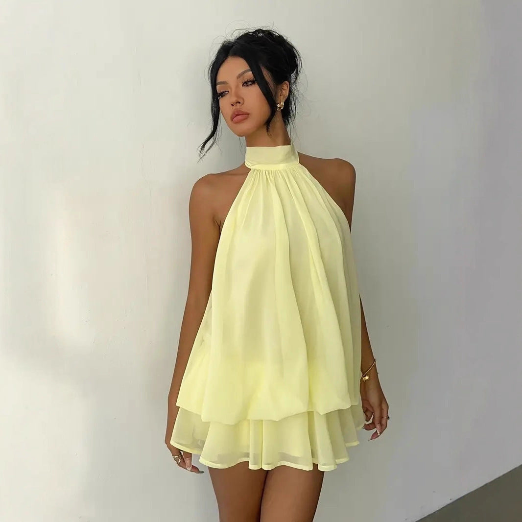 Damen lässiges Trägerkleid mit hochgeschlossenem Design und gerafftem Saum Drune