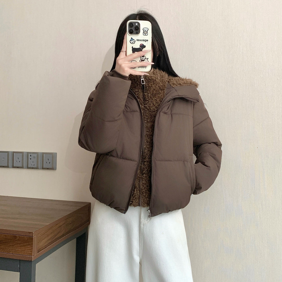 Damen nan kurze wattierte Doppeljacke mit abnehmbarem Teddy-Innenfutter und hohem Stehkragen Drune