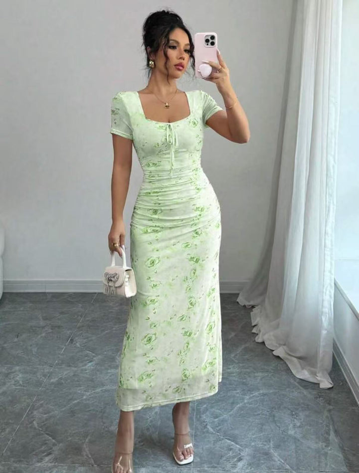 Damen Midi-Kleid mit raffinierten Falten und floralem Muster Drune