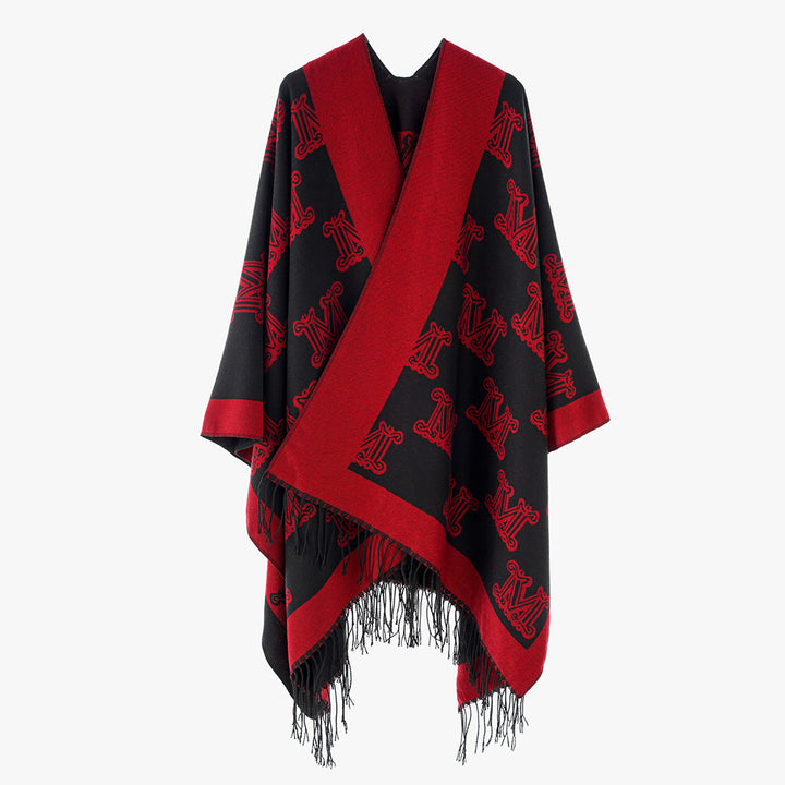 Damen Jacquard-Cape mit Monogramm‑Muster, offenem V‑Ausschnitt und Fransensaum Drune