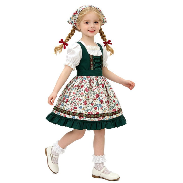 Damen nan traditionelles Kinderdirndl mit Schürze Haarband Spitzenbluse und Zierschnürung Drune