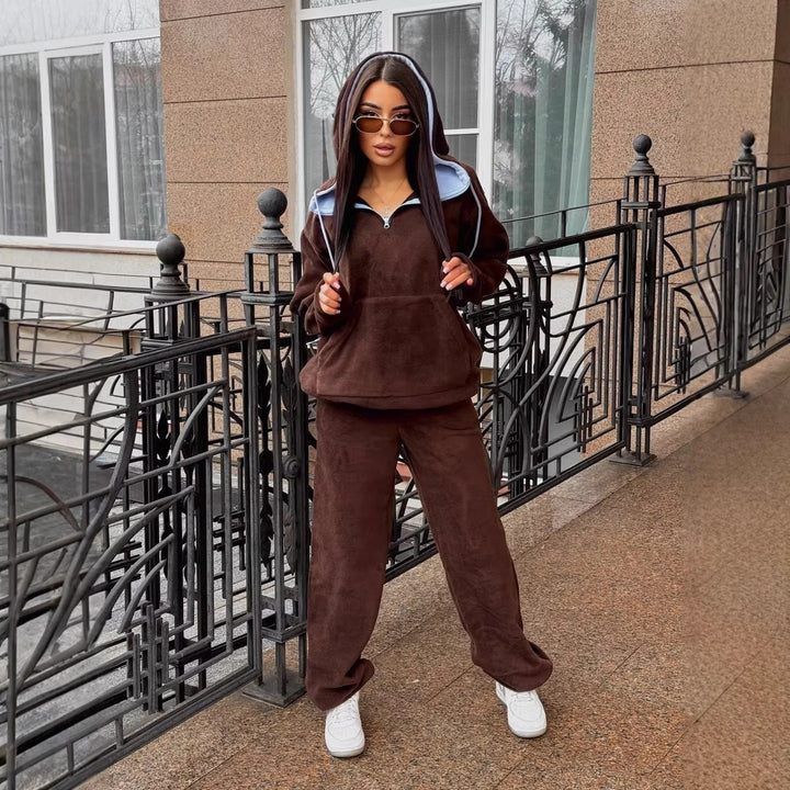Damen Fleece-Loungewear-Set mit halbem Frontzip, gefütterter Kapuze und hochgeschnittener Komforthose Drune