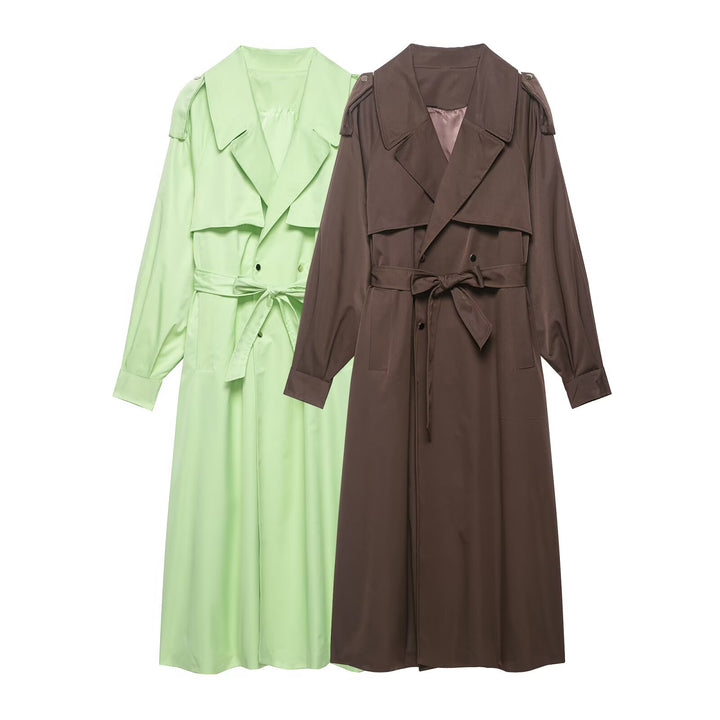 Damen Trenchcoat mit Taillengürtel, Schulterklappen und weitem Wasserfall-Revers Drune