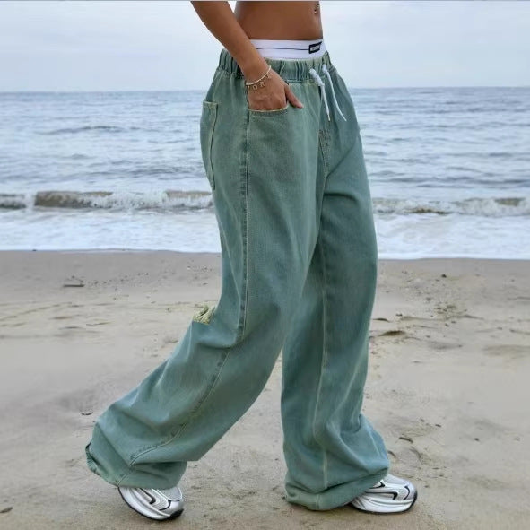 Damen Weite Vintage-Denim-Hose mit elastischem Tunnelzugbund und bodenlangem Baggy-Schnitt Drune