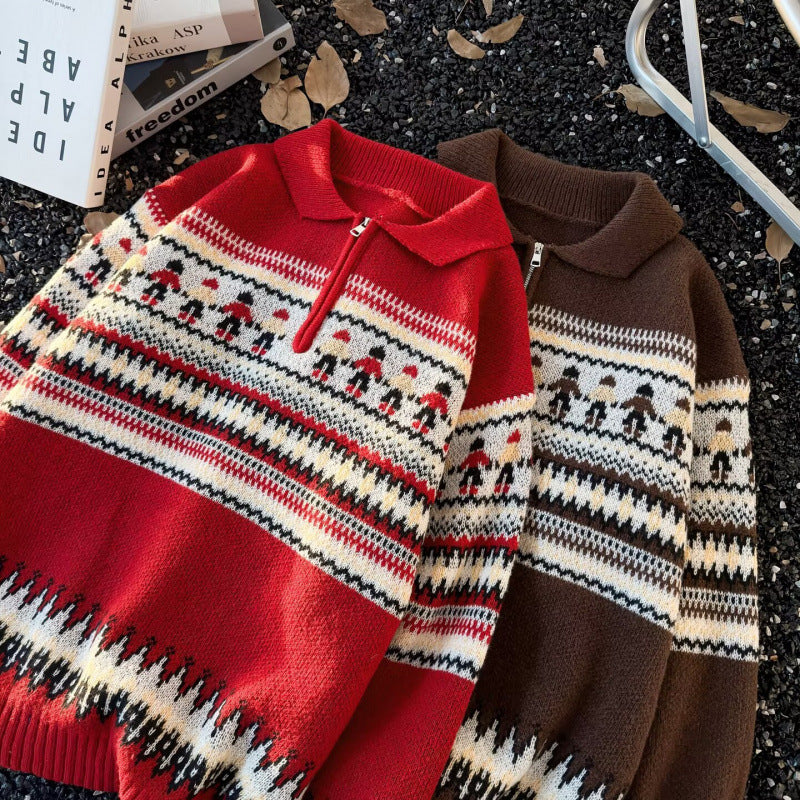 Damen Jacquard-Halbzip-Pullover mit Polokragen und Norweger‑Intarsie Drune