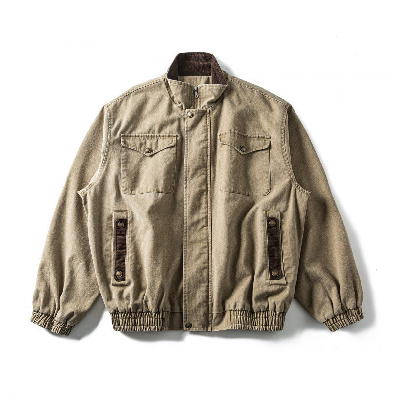 Herren Kastenförmige Canvas-Blousonjacke mit Cordbesatz, Stehkragen und elastischem Saum Drune