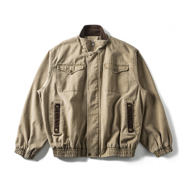 Herren Kastenförmige Canvas-Blousonjacke mit Cordbesatz, Stehkragen und elastischem Saum Drune