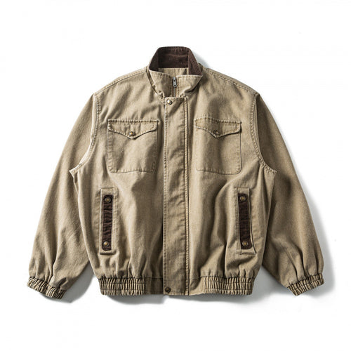 Herren Kastenförmige Canvas-Blousonjacke mit Cordbesatz, Stehkragen und elastischem Saum Drune