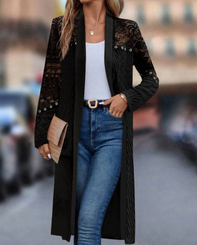 Damen nan langer Spitzen-Cardigan mit Ösenbesatz, transparenten Ärmeln und strukturierter Strickoptik Drune